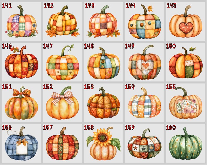 May include: A selection of watercolour pumpkins, each with a different patchwork design. The pumpkins showcase a variety of colours and patterns, including hearts, stars, and floral details. The pumpkins are numbered from 141 to 160.