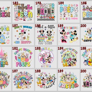 May include: A collection of Easter-themed graphic designs featuring cartoon characters and holiday phrases. Designs include "Easter Vibes," "He is Risen," "Peeps," and "Happy Easter." The images showcase colorful illustrations with various fonts and styles, perfect for Easter.