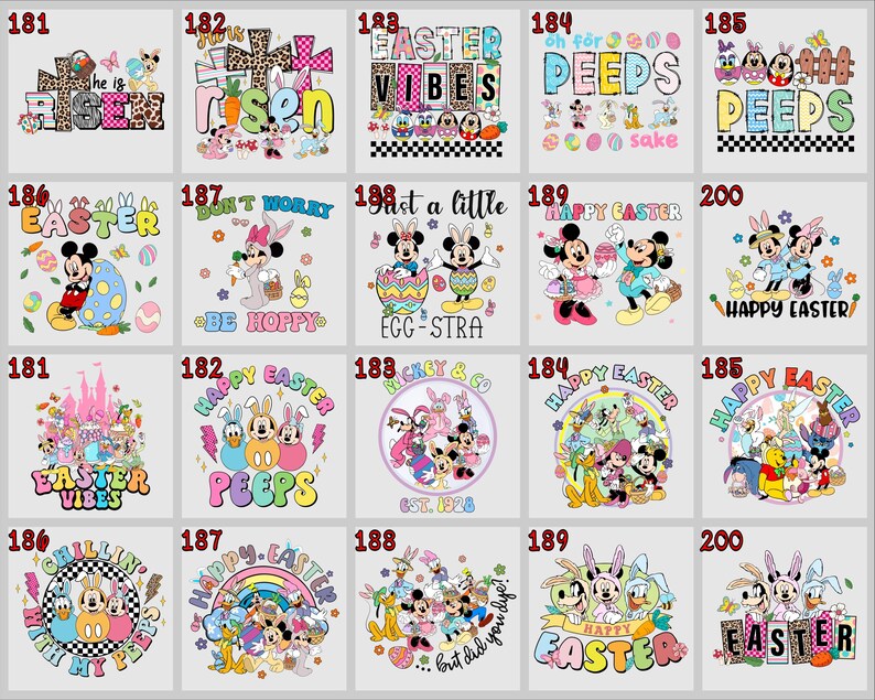 May include: A collection of Easter-themed graphic designs featuring cartoon characters and holiday phrases. Designs include "Easter Vibes," "He is Risen," "Peeps," and "Happy Easter." The images showcase colorful illustrations with various fonts and styles, perfect for Easter.