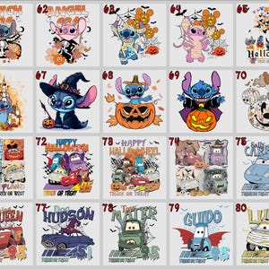 May include: A collection of Halloween-themed graphic designs featuring cartoon characters. Designs include Stitch dressed as a skeleton, angel, and mummy, along with Cars characters. The designs incorporate pumpkins, bats, and the text "Halloween".