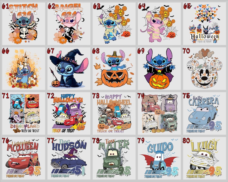 May include: A collection of Halloween-themed graphic designs featuring cartoon characters. Designs include Stitch dressed as a skeleton, angel, and mummy, along with Cars characters. The designs incorporate pumpkins, bats, and the text "Halloween".