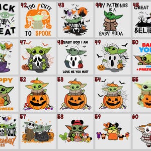 May include: A collection of Halloween-themed graphic designs featuring Baby Yoda. The designs include Baby Yoda dressed in various costumes, such as a ghost, a pumpkin, and a clown. Text includes "Trick or Treat", "Too Cute to Spook", and "Happy Halloween".