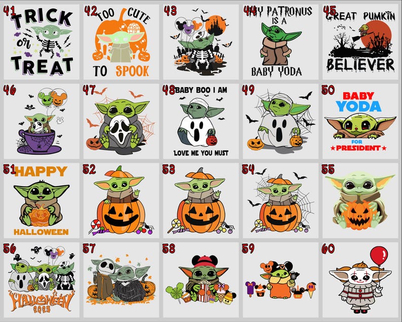 May include: A collection of Halloween-themed graphic designs featuring Baby Yoda. The designs include Baby Yoda dressed in various costumes, such as a ghost, a pumpkin, and a clown. Text includes "Trick or Treat", "Too Cute to Spook", and "Happy Halloween".
