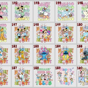 May include: A collection of Easter-themed graphic designs featuring various Disney characters, including Mickey Mouse, Minnie Mouse, Donald Duck, and Pluto. The designs incorporate pastel colors, Easter eggs, and the phrase "Don't Worry Be Happy."
