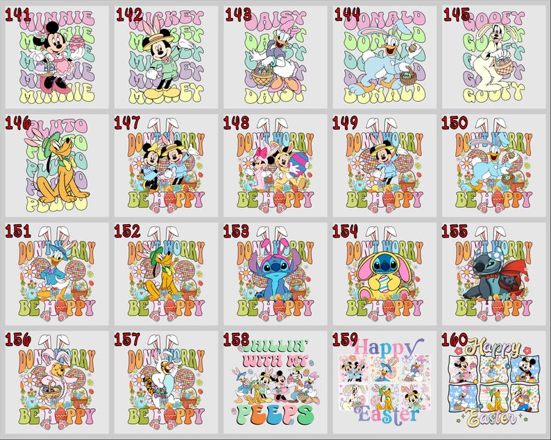 May include: A collection of Easter-themed graphic designs featuring various Disney characters, including Mickey Mouse, Minnie Mouse, Donald Duck, and Pluto. The designs incorporate pastel colors, Easter eggs, and the phrase "Don't Worry Be Happy."