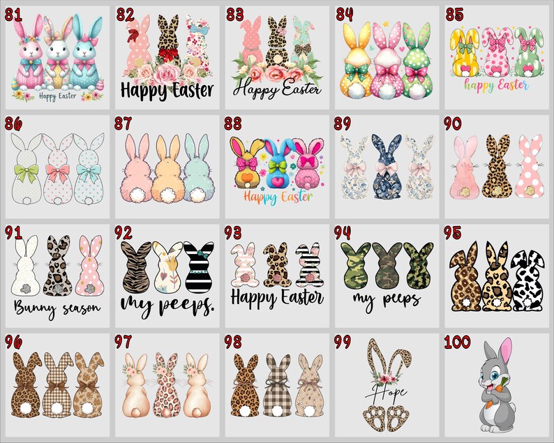 May include: A collection of Easter-themed designs featuring cartoon bunnies in various styles. Some designs include text like "Happy Easter," "Bunny Season," and "My Peeps." The bunnies are decorated with patterns, bows, and floral accents.