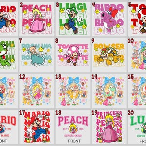 May include: A collection of 20 square designs featuring characters from the Super Mario video game series. Each design includes a character illustration, name, and text. The designs are in various colors, including red, green, pink, and yellow.