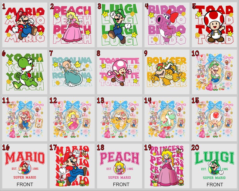May include: A collection of 20 square designs featuring characters from the Super Mario video game series. Each design includes a character illustration, name, and text. The designs are in various colors, including red, green, pink, and yellow.