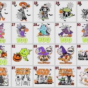 May include: A collection of Halloween-themed graphic designs featuring various characters and themes. Designs include characters from Toy Story, Monsters Inc., and Star Wars, as well as classic Halloween imagery like skeletons, pumpkins, and the phrase "Trick or Treat."