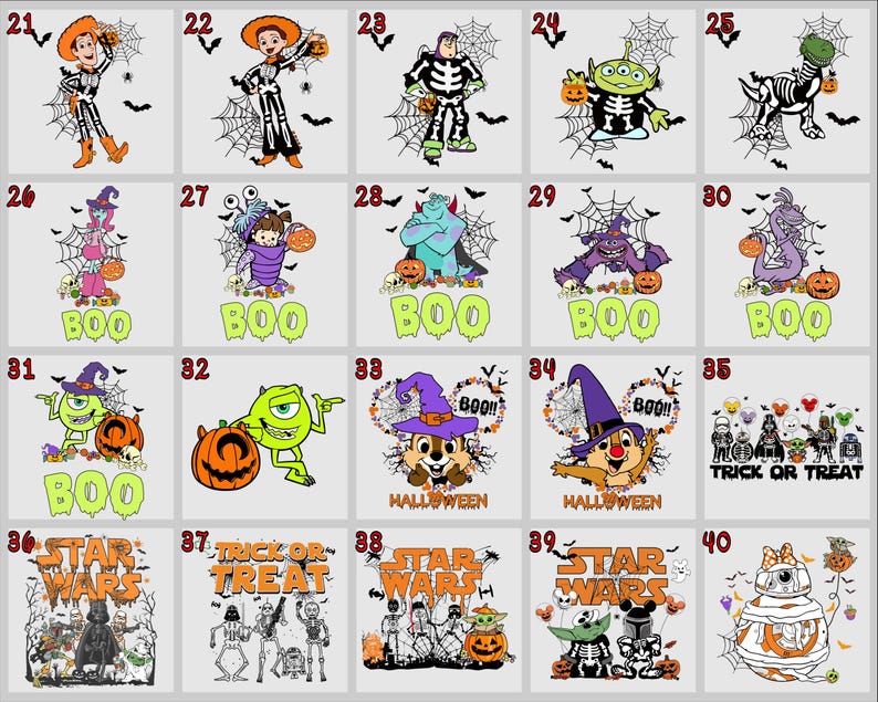 May include: A collection of Halloween-themed graphic designs featuring various characters and themes. Designs include characters from Toy Story, Monsters Inc., and Star Wars, as well as classic Halloween imagery like skeletons, pumpkins, and the phrase "Trick or Treat."