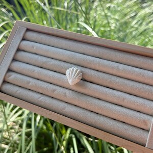 Puede incluir: Una caja de anillos de madera con un interior de terciopelo blanco y un soporte para anillos de concha blanca.