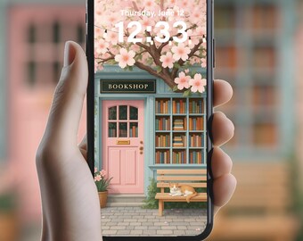 Fondo de pantalla para iPhone de librería rosa / Tema de gato y flores de cerezo (descarga digital)