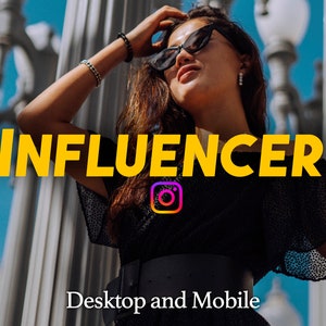 May include: A woman wearing sunglasses and a black top with a black belt poses in front of a white structure. The text "INFLUENCER" is in yellow letters with an Instagram logo below it. The text "Desktop and Mobile" is at the bottom of the image.