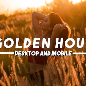 May include: A woman with long dark hair stands in a field of tall grass, looking up at the setting sun. The sun is shining brightly, casting a golden glow over the scene. The text "GOLDEN HOUR - DESKTOP AND MOBILE" is superimposed over the image.