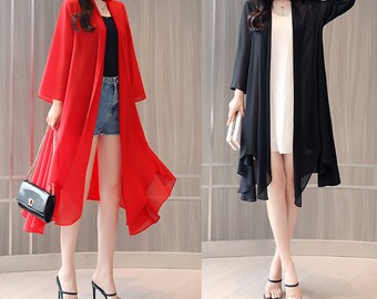 Women's Beach Cover Up Chiffon Cardigan Lightweight Top Loose Long Sleeve Cape---Size S