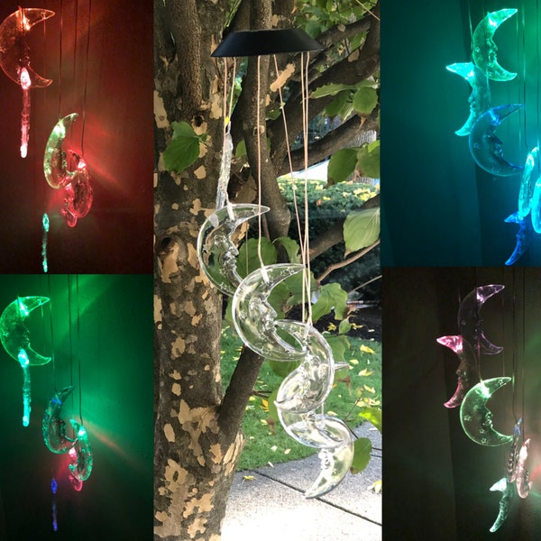 Hand Crafted Plastic Moon Wind Chimes Outdoor Garden Patio Yard Waterproof Hanging Decoration with Color-changing Bulb Solar Light