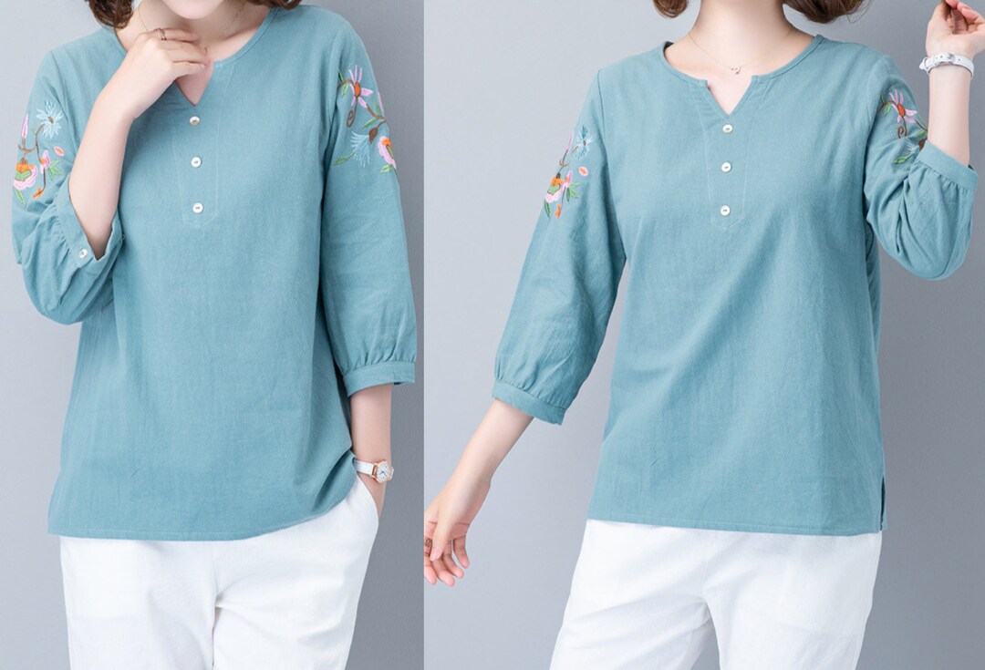 Women's Split V Neck Short Sleeve Blouses Summer Casual Cotton Linen ...