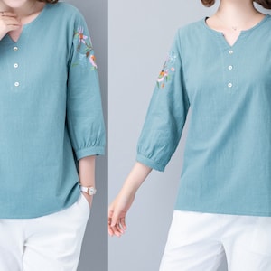 Women&#39;s Split V Neck Short Sleeve Blouses Summer Casual Cotton Linen Pullover Tops Shirts