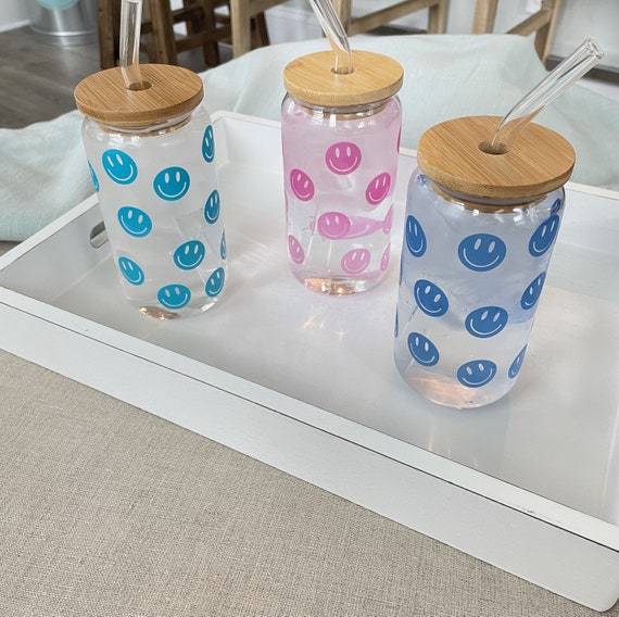 Glass Can, Smiley Face Glass Can, Smiley Face Glass Tumbler, Retro Glass  Cup, Glass Can with Bamboo lid, Glass Straw, Smiley Face Tumbler