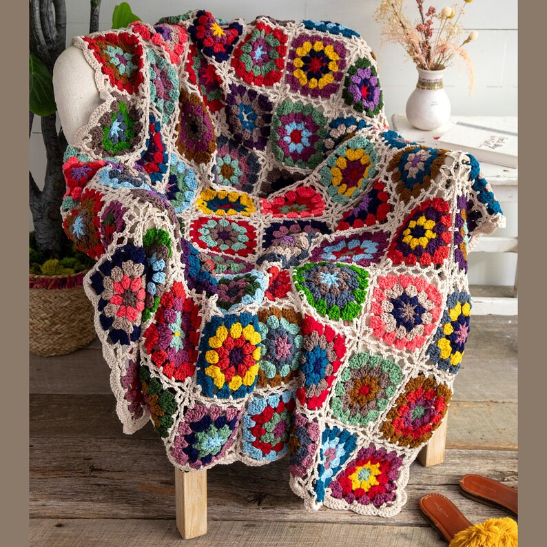 Couverture Granny Square Crochet Multicolore, Couverture Fleurs Crochet, Couverture Flower Granny Square Crochet, Couverture Easy Flower Granny Squares image 1