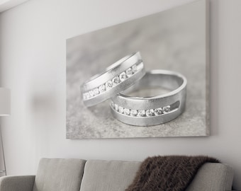 Stretched Canvas Mens Wedding Ring Fine Art Photo Print Macro Blur Bokeh Photography His and His Jewelry Band Engagement Diamond White Gold