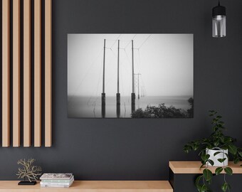 Stretched Canvas Foggy Power Lines Fine Art Photo Print Black and White River Water Nowhere B&W Photography Nature Plants Natural