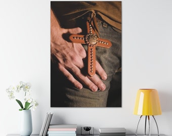 Stretched Leather Cross Religious Religion Fine Art Photo Print Brown Denim Cowboy Macro Blur Bokeh Photography Nature Plants Natural