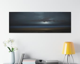 Stretched Canvas Beach Nightscape Fine Art Photo Print Blue Clouds Moon Sand Photography Nature Natural Night Timed Water Ocean Waves