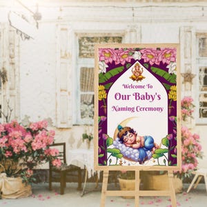 Könnte beinhalten: Ein Willkommenszeichen für eine Baby-Namensgebung mit einem violetten Hintergrund und einem floralen Rand. Das Schild zeigt eine Illustration eines schlafenden Baby Krishna und den Text "Willkommen zur Namensgebung unseres Babys".