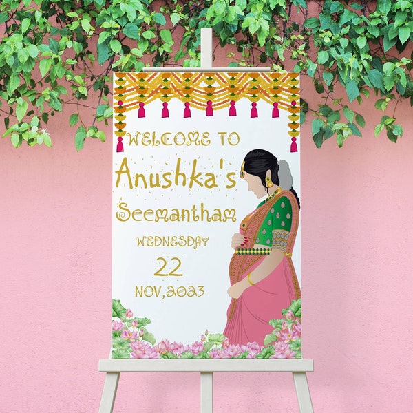 Indian baby shower seemantham welcome sign, Seemantham ceremony boy baby shower printable sign, Valaikappu ceremony chalkboard welcome sign