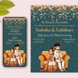 May include: A teal blue invitation card with gold text and floral accents. The card announces a half saree and dhoti ceremony for Sashrika and Sahishnu. The ceremony will be held on Sunday, 18 June 2024 at 11 AM at the Dolphin clubhouse in Fairview, TX.