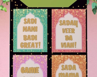 May include: A display board with four colourful panels, each featuring text in a decorative arch shape. The top panel reads "Total 15 Designs". The panels have gold glitter accents and various phrases.