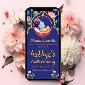 May include: A blue and gold digital invitation for a baby's cradle ceremony. The invitation features a cartoon image of a baby in a cradle, surrounded by flowers. The text on the invitation reads "Dhanraj & Susmita Solicit your presence at the auspicious occasion of their little son Aadhya's Cradle Ceremony 11 AM, 18 June Sunday 2024 Dolphin clubhouse Fairwine, IX"