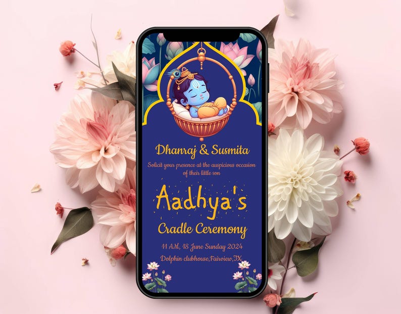 May include: A blue and gold digital invitation for a baby's cradle ceremony. The invitation features a cartoon image of a baby in a cradle, surrounded by flowers. The text on the invitation reads "Dhanraj & Susmita Solicit your presence at the auspicious occasion of their little son Aadhya's Cradle Ceremony 11 AM, 18 June Sunday 2024 Dolphin clubhouse Fairwine, IX"