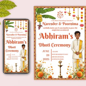 May include: An invitation for Abhiram's Dhoti Ceremony, featuring text and illustrations. The design includes a central illustration of a person in traditional attire, surrounded by floral and decorative elements. The date is June 23, 2025.