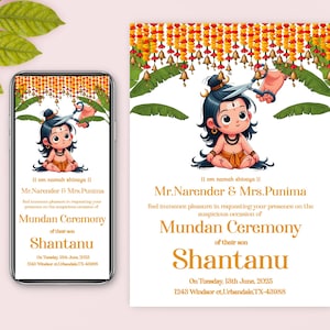 Könnte beinhalten: Digitale Einladung für eine Mundan-Zeremonie mit einer Cartoon-Illustration eines Kindes mit einer Schere. Die Einladung enthält goldenen Text mit den Namen Mr. Narender & Mrs. Punima und ihrem Sohn Shantanu.