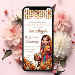 May include: A digital invitation for a Half Saree Ceremony for Aaradhya. The invitation features a colorful illustration of a young girl in a traditional Indian outfit holding a basket of flowers. The text reads "Mr. Ganesh & Mrs. Divya cordially invite to grace the blessed occasion of our daughter Aaradhya's Half Saree Ceremony Friday, Dec 10th, 5:00 PM Plano Clubhouse, Springhill, TX"