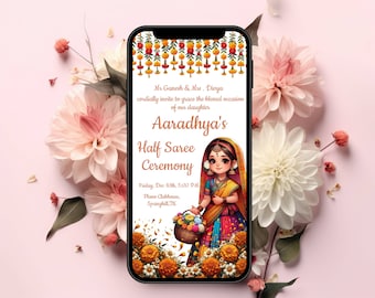 Digital Half Saree invites & Langa Voni invitations, Electronic Half Saree card as Voni function invitations, Digital pavadai Dhavani invite