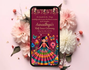 Digital Half Saree invites & Langa Voni invitations, Electronic Half Saree card as Voni function invitations, Digital pavadai Dhavani invite