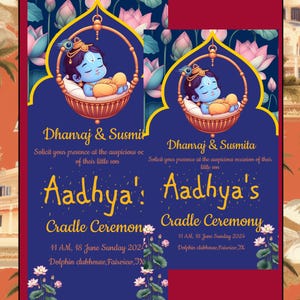 May include: A blue and gold invitation card with a picture of a baby Krishna in a cradle. The text on the card reads "Dhanraj & Susmita Solicit your presence at the auspicious occasion of their little son Aadhya's Cradle Ceremony 11 AM, 18 June Sunday 2024 Dolphin clubhouse, Fairview, TX"