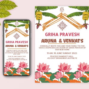Invitation mobile de pendaison de crémaillère indienne, invitation personnalisable pour Grihapravesh, pendaison de crémaillère indienne, invitations, invitation gruhapravesam