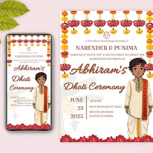 May include: A colorful invitation for a Dhoti Ceremony. The invitation features a cartoon illustration of a young boy wearing a traditional Indian outfit. The text on the invitation reads "Abhiram's Dhoti Ceremony" and includes the date and time of the event. The invitation is decorated with floral garlands and other traditional Indian motifs.