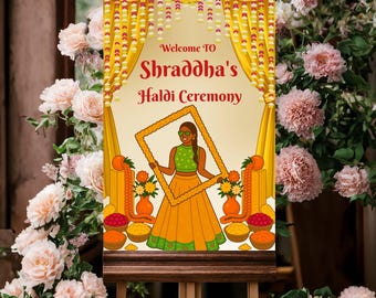 Välkomstskylt för Haldi-ceremoni: Indisk bröllopsdekoration (digital nedladdning, 24x36")