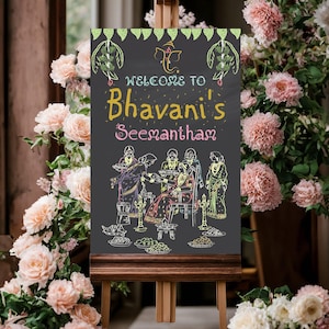 chalkboard Sreemantham welcome sign, Seemantham ceremony boy baby shower printable sign, South Indian baby shower sign, Godh Bharai Sign