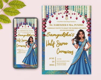 Halbe Saree-Einladung, bearbeitbare Einladung zur halben Saree-Zeremonie, Pubertät lädt zur halben Saree-Funktion ein, Ritu Kala Samskara lädt zum Sofort-Download ein