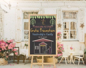 Chalkboard house warming sign, South Indian housewarming sign for instant download, Gruhapravesam Invite sign for housewarming party,Digital