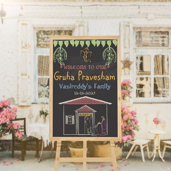 Chalkboard house warming sign, South Indian housewarming sign for instant download, Gruhapravesam Invite sign for housewarming party,Digital