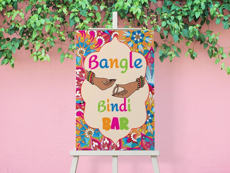 Puede incluir: Un cartel colorido con un dise&ntilde;o floral y el texto "Bangle Bindi Bar". El cartel presenta dos manos con pulseras y un bindi en la frente.