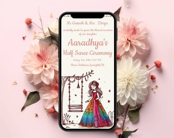 Digital Half Saree invites & Langa Voni invitations, Electronic Half Saree card as Voni function invitations, Digital pavadai Dhavani invite