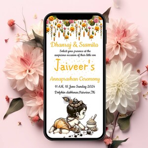Annaprashana digitale Einladung, erste Reis Esszeremonie, Mukhabhat Einladung als annaprashana Banner für hinduistische Baby Reisfütterungstradition